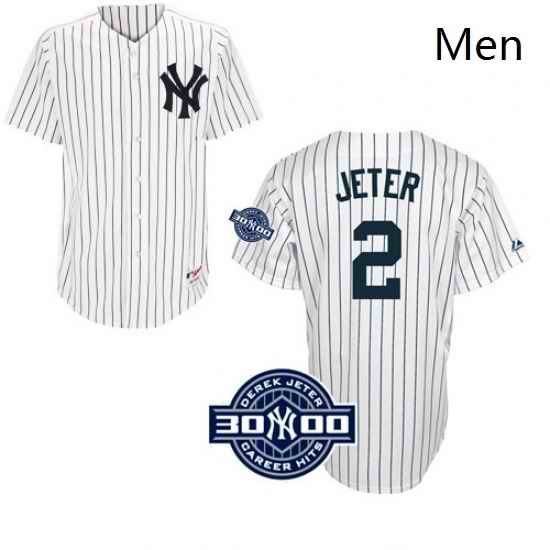 Mens Majestic New York Yankees 2 Derek Jeter Authentic White W3000 Hits PatchHave Player Name on Back MLB Jersey